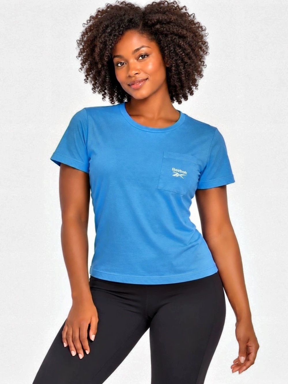 Reebok Women’s Blue Fitted Pocket T-Shirt Size Small Logo Tee